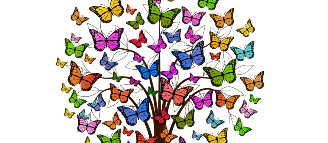 Ein grafischer Baum mit bunten Schmetterlingen als Blätter